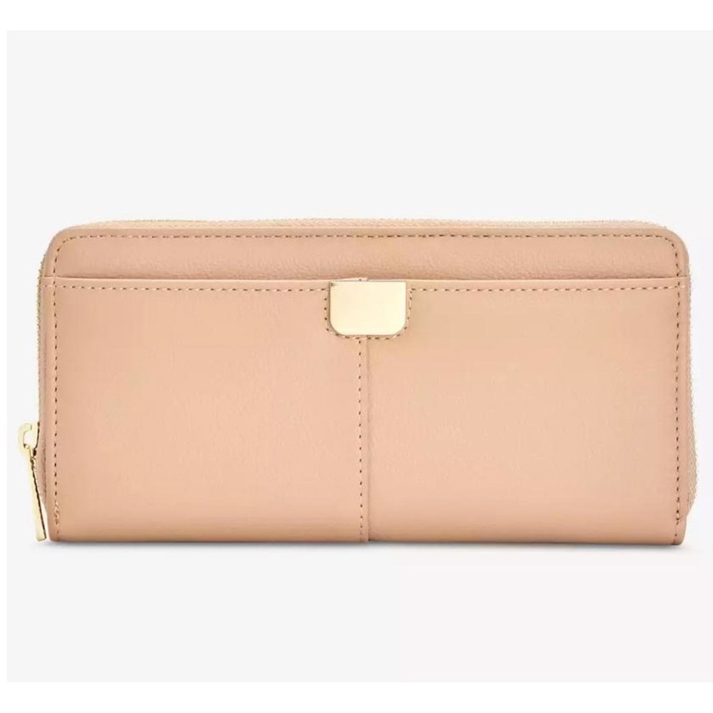 On 34th Womens Pebbled Leather Zip Around Wallet Tan Beige‎ Gold Tone Hardware